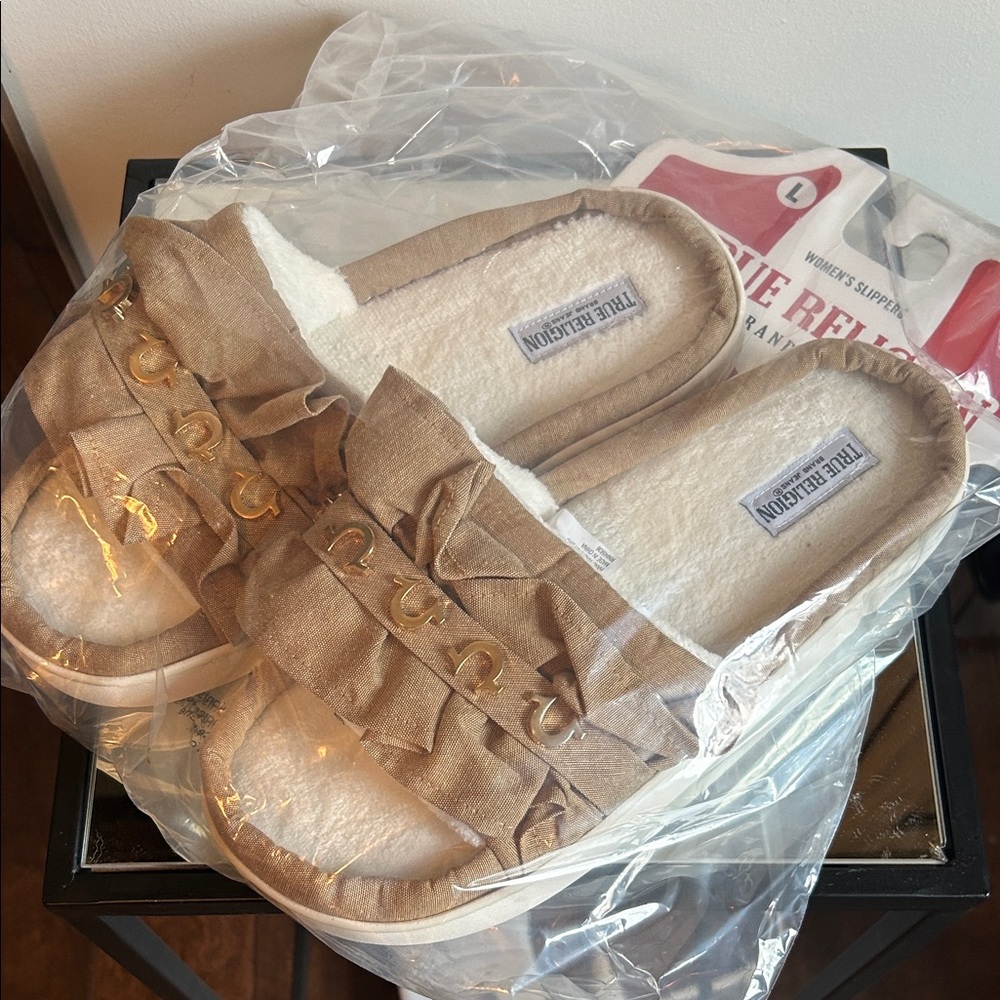 True Religion Women's Tan Ruffle Slip-On Mules with Gold Ring Accents